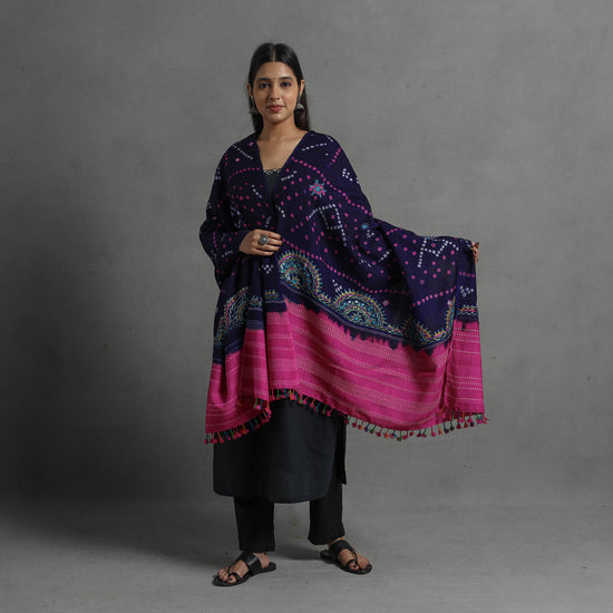 Handwoven Merino Wool Bandhani Shawl w/ Neran Embroidery 37