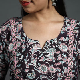 Black Sequins Work Cotton Straight Sanganeri Print Kurta for Women