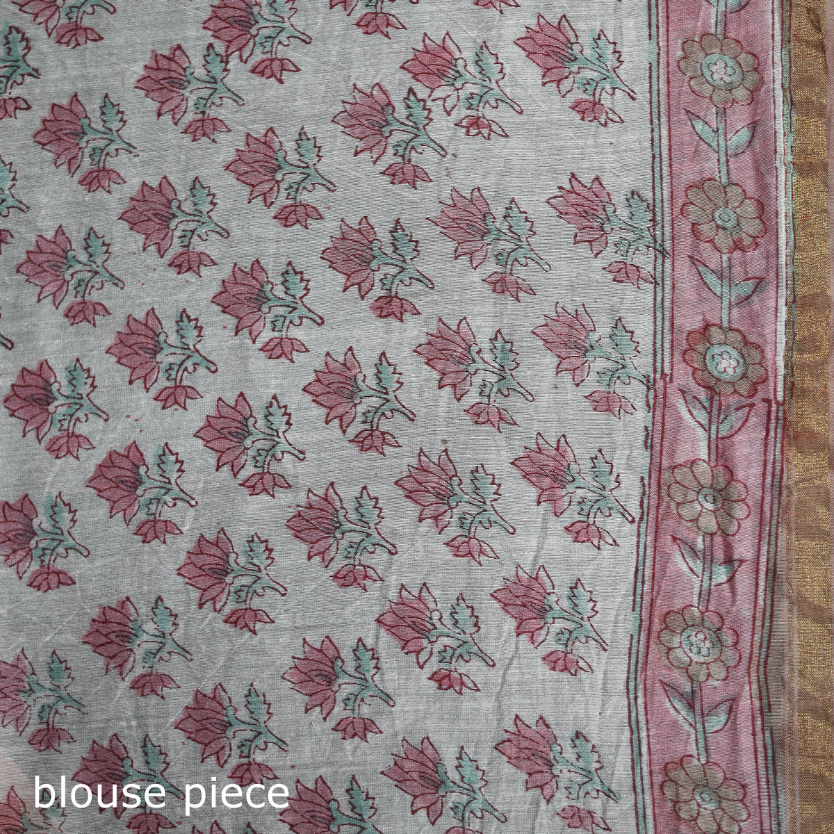 Floral Hand Block Print Mulberry Silk Sanganeri Saree 08