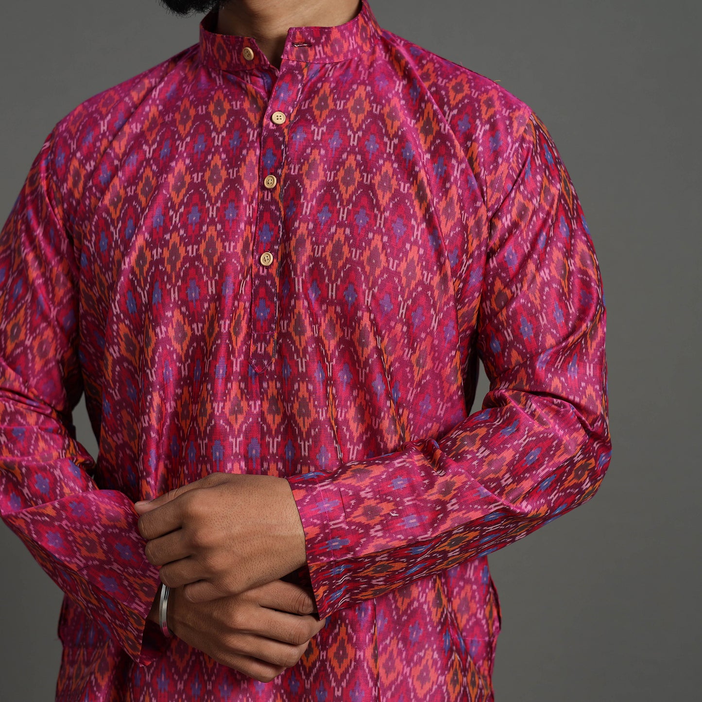 Pink - Silk Cotton Handwoven Pochampally Ikat Kurta for Men 01