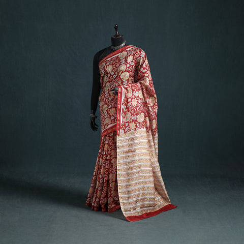 Floral Hand Block Print Mulberry Silk Sanganeri Saree 09