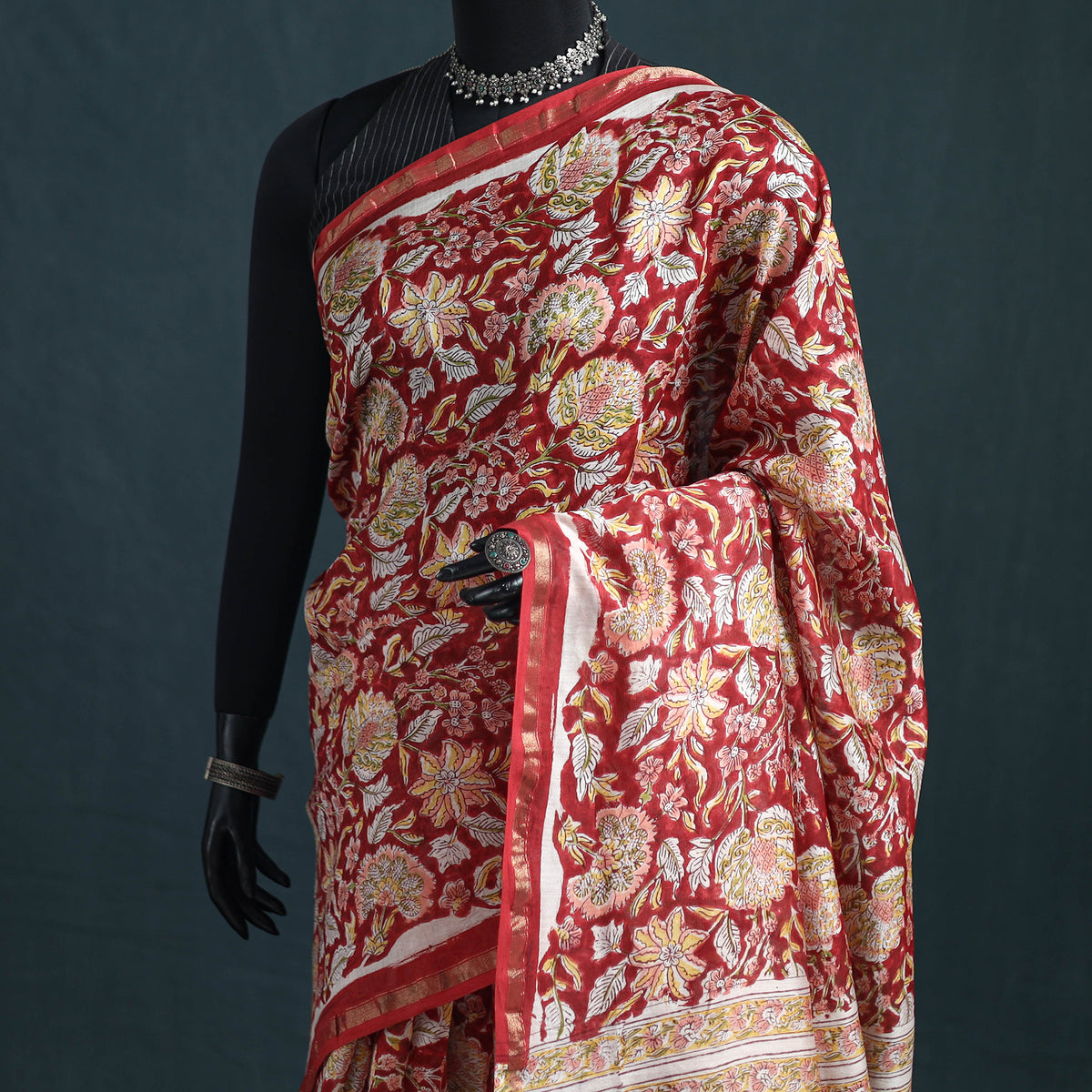 Floral Hand Block Print Mulberry Silk Sanganeri Saree 09
