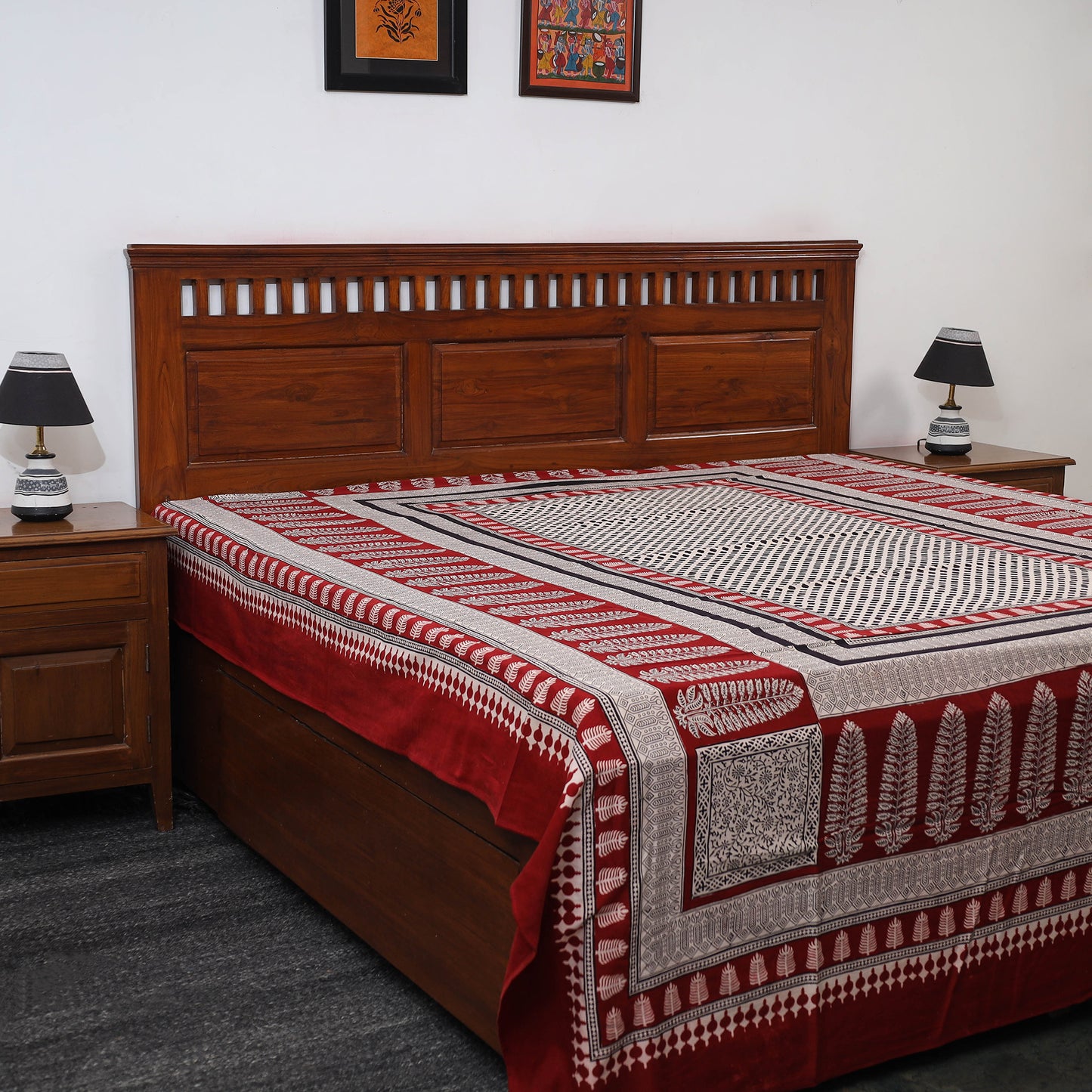 Red - Bagh Block Printed Cotton Double Bed Cover (115 x 90 in)