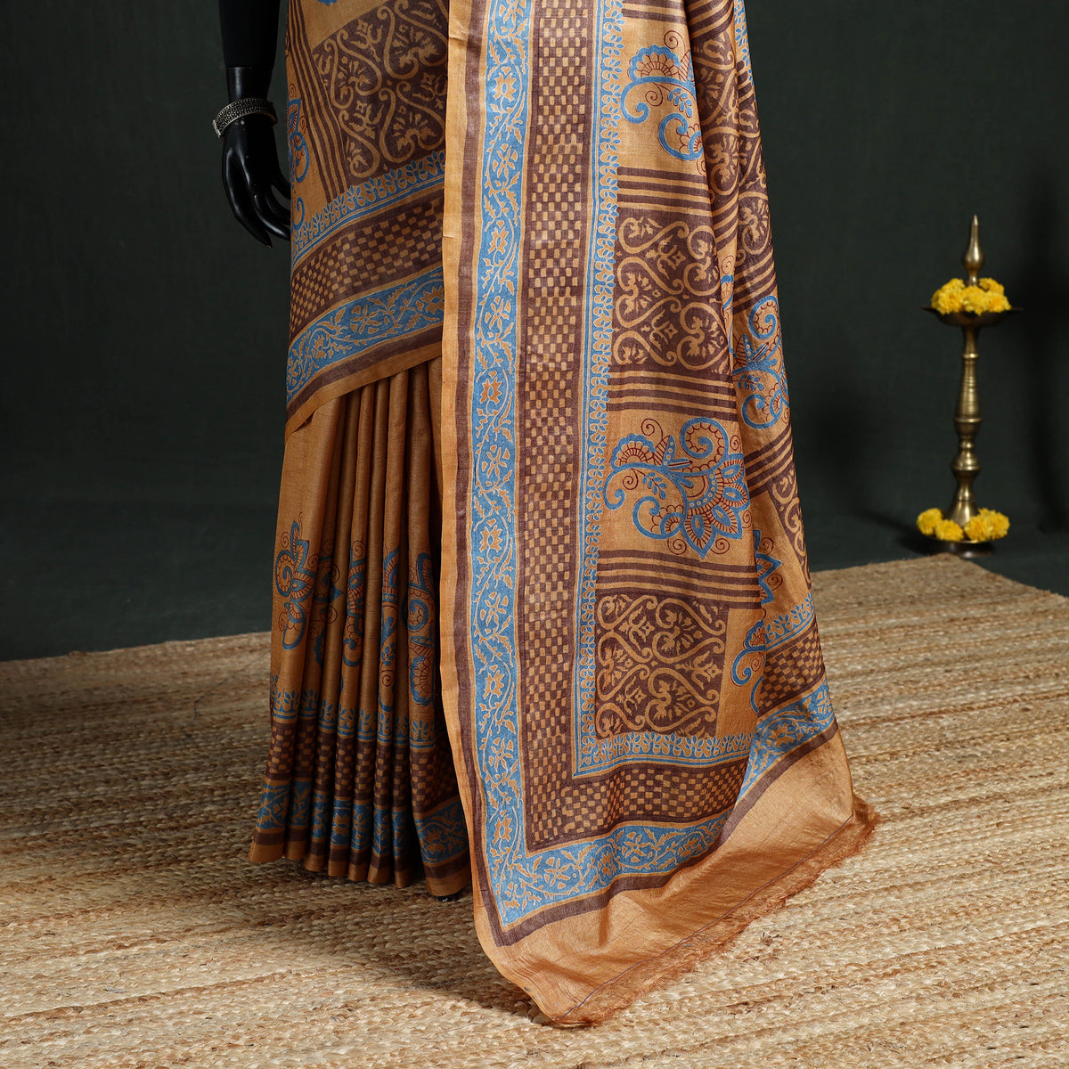 Pure Handloom Tussar Silk Saree in Bengal Hand Block Prints 06