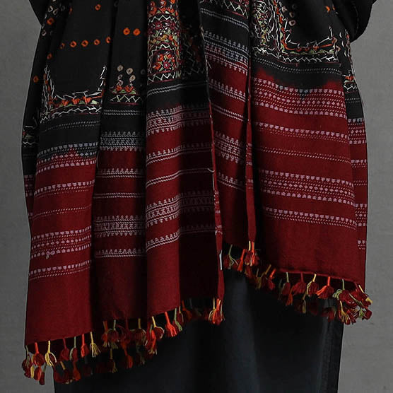 Handwoven Merino Wool Bandhani Shawl w/ Neran Embroidery 38