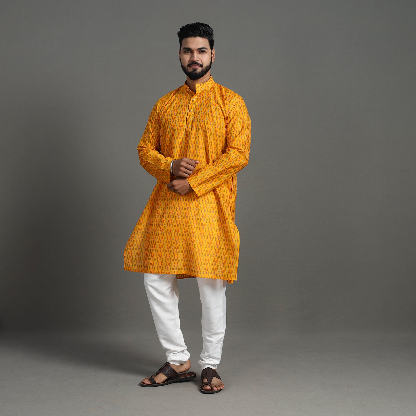 Yellow - Silk Cotton Handwoven Pochampally Ikat Kurta for Men 09