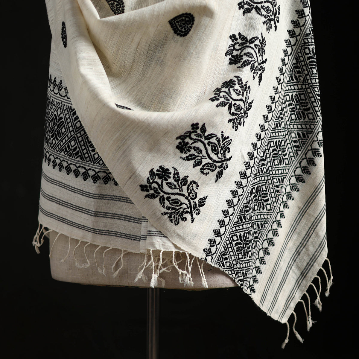 White - Handspun Handwoven Pure Eri Silk Aari Hand Embroidered Shawl of Assam 06
