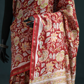 Floral Hand Block Print Mulberry Silk Sanganeri Saree 09