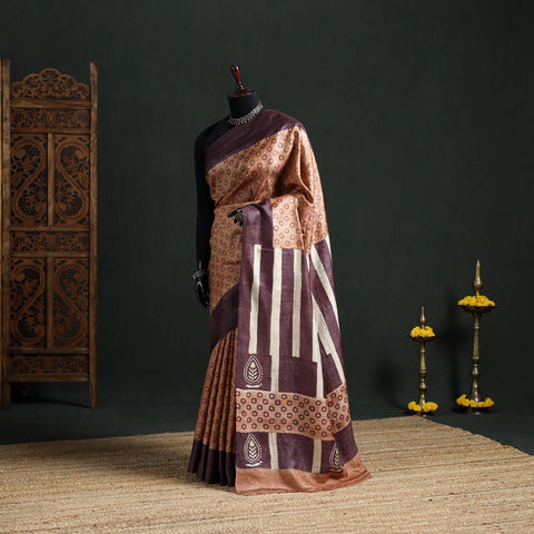 Pure Handloom Tussar Silk Saree in Bengal Hand Block Prints 05