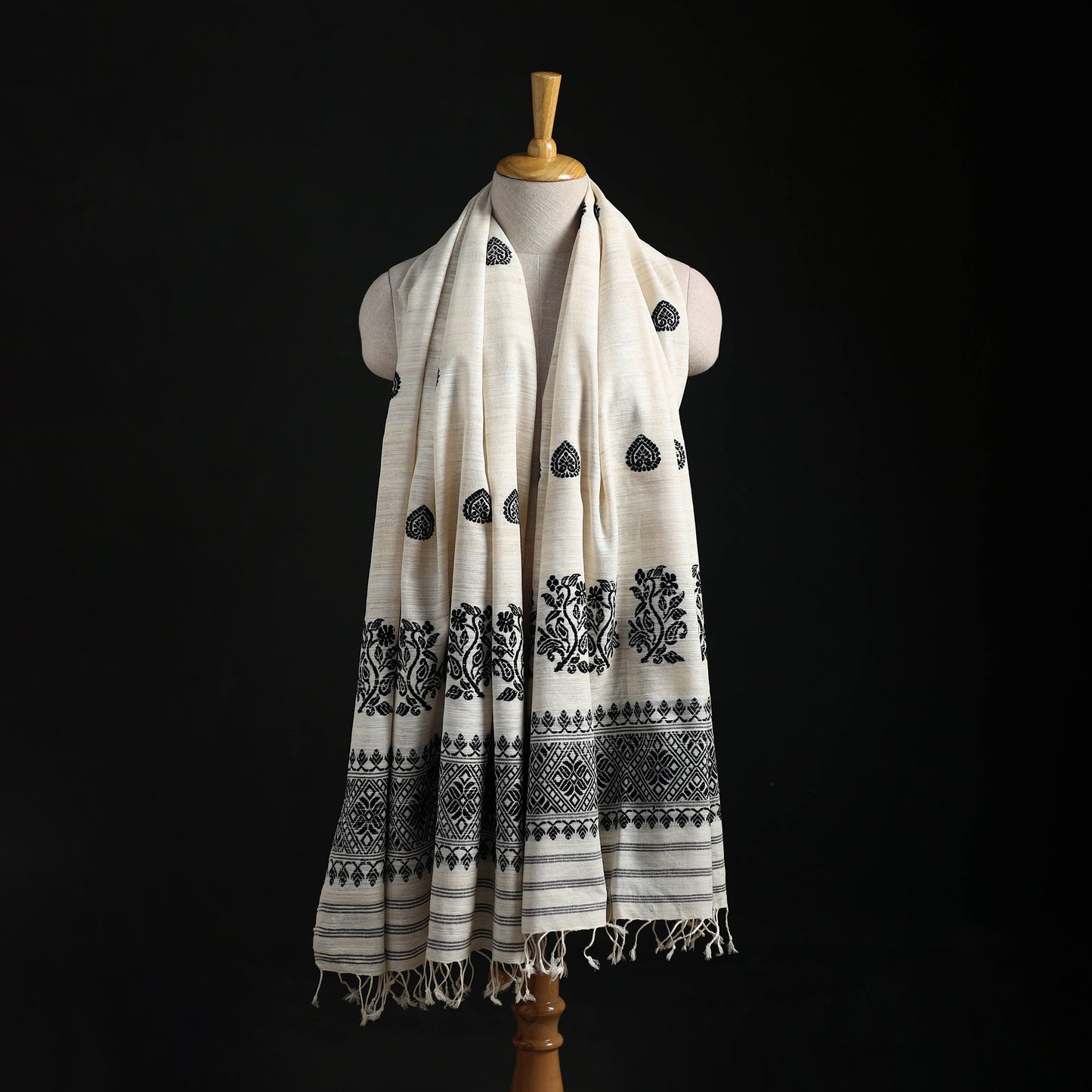 White - Handspun Handwoven Pure Eri Silk Aari Hand Embroidered Shawl of Assam 06