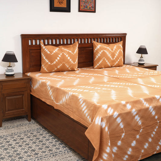 Brown - Shibori Tie-Dye Cotton Double Bed Cover with Pillow Covers (108 x 90 in)