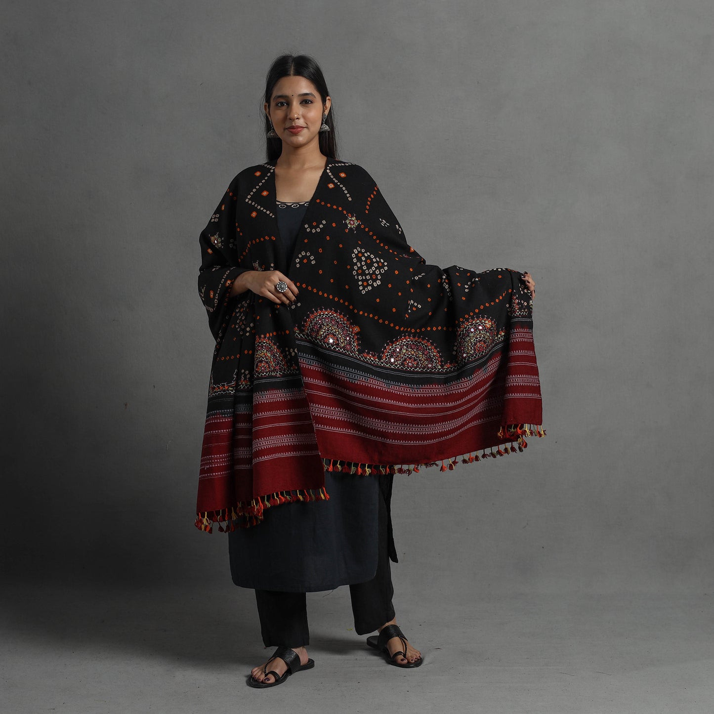 Handwoven Merino Wool Bandhani Shawl w/ Neran Embroidery 38