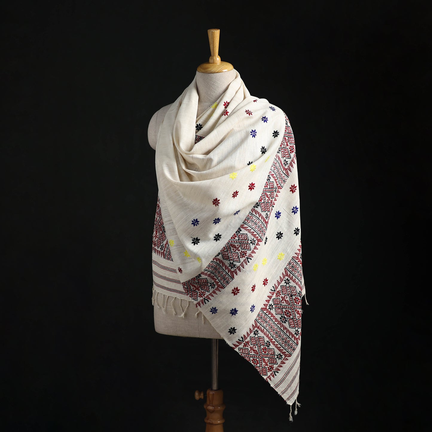 White - Handspun Handwoven Pure Eri Silk Aari Hand Embroidered Shawl of Assam 07