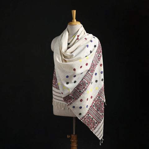 White - Handspun Handwoven Pure Eri Silk Aari Hand Embroidered Shawl of Assam 07