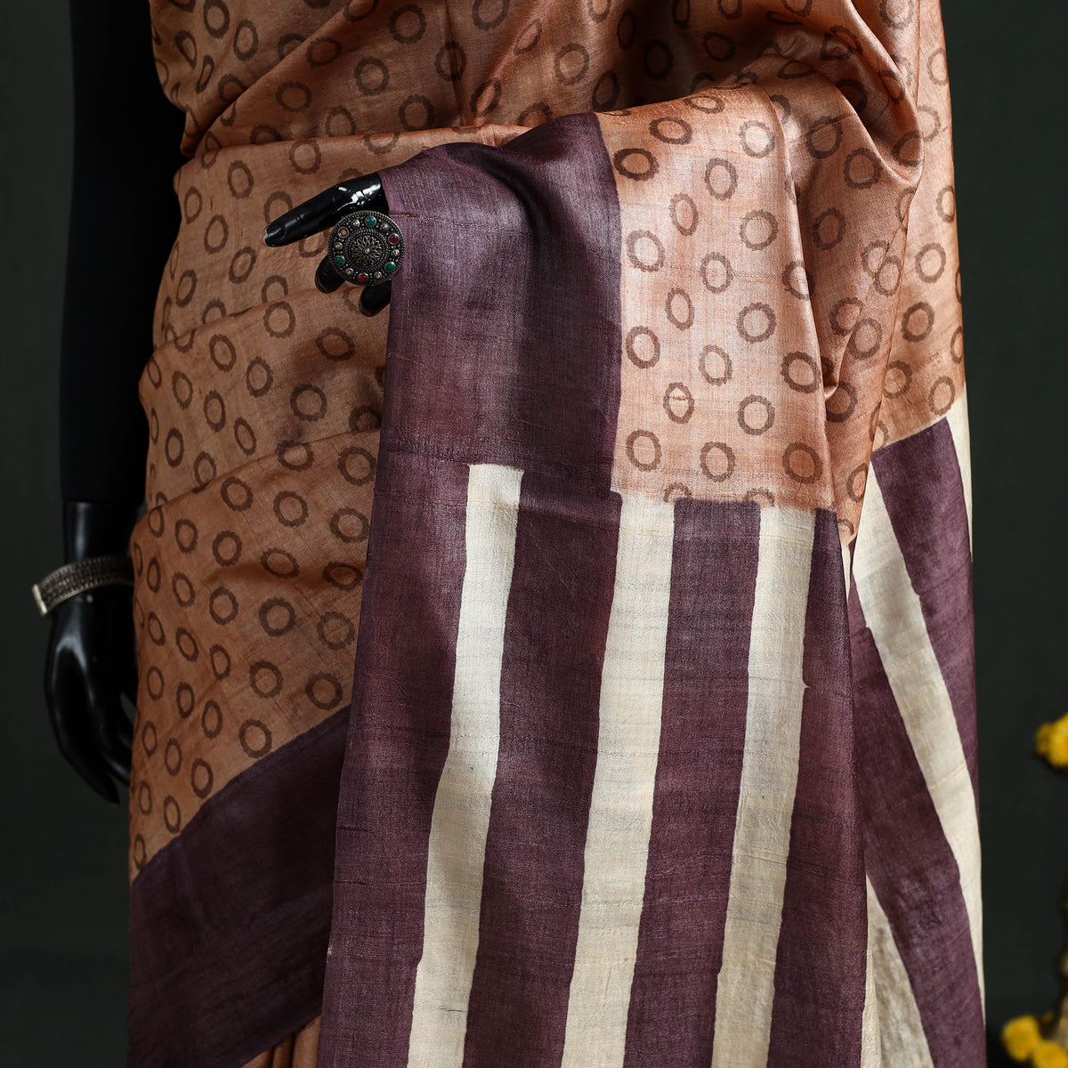 Pure Handloom Tussar Silk Saree in Bengal Hand Block Prints 05