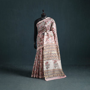 Floral Hand Block Print Mulberry Silk Sanganeri Saree 10