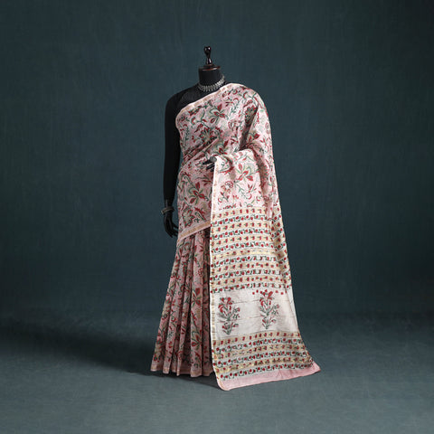 Floral Hand Block Print Mulberry Silk Sanganeri Saree 10