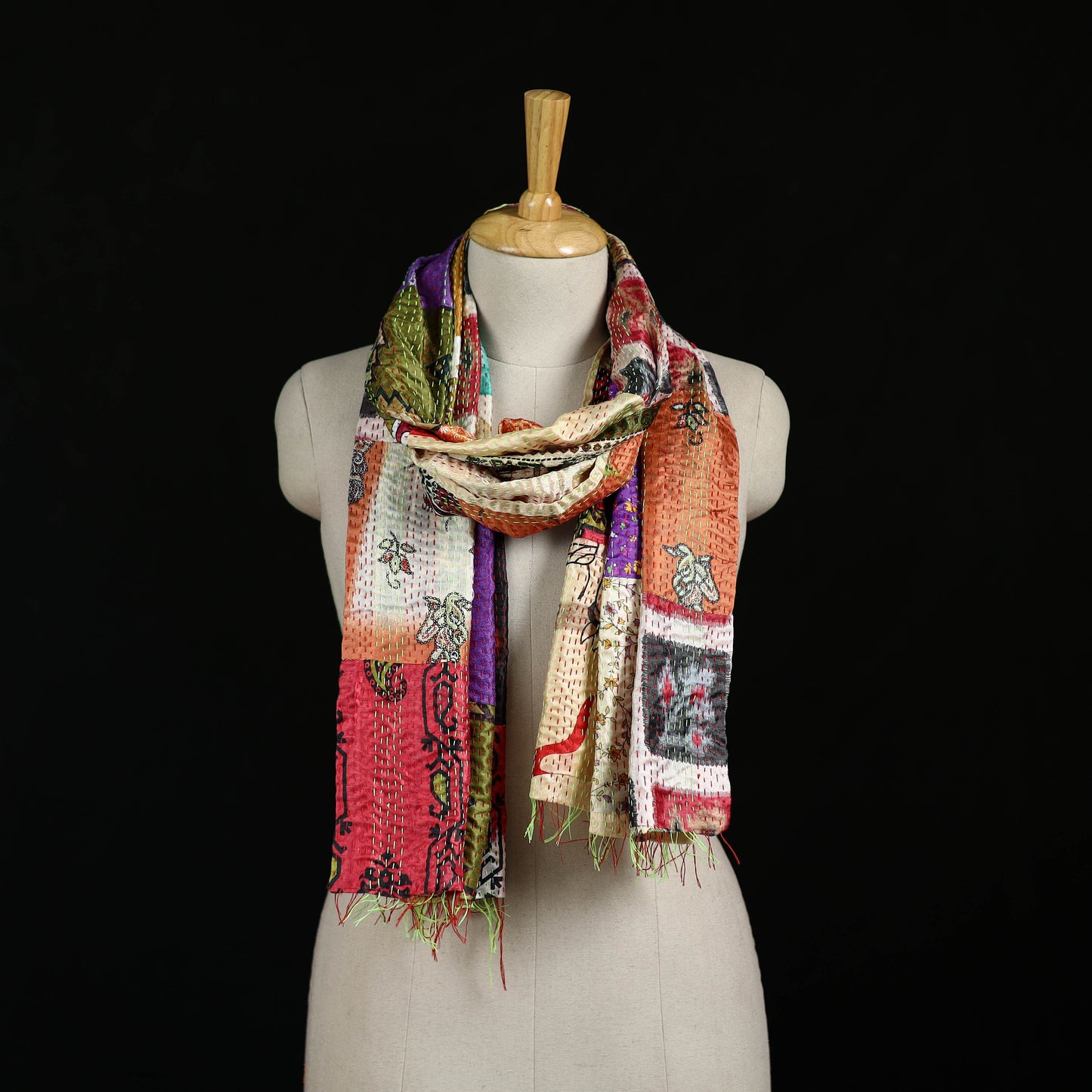 Bengal Kantha Handwork Patchwork Reversible Silk Stole 328