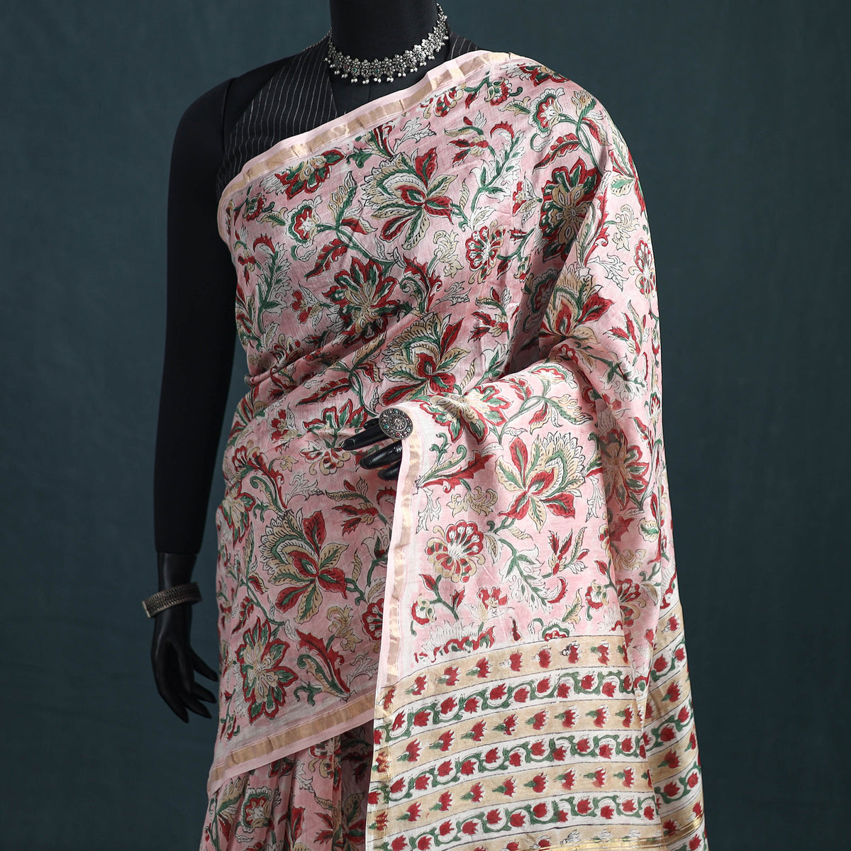 Floral Hand Block Print Mulberry Silk Sanganeri Saree 10