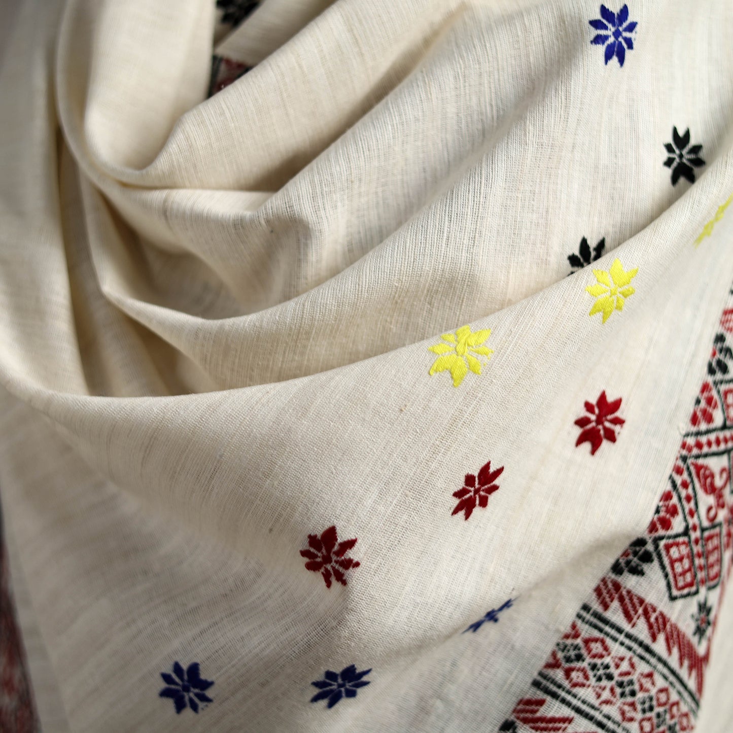 White - Handspun Handwoven Pure Eri Silk Aari Hand Embroidered Shawl of Assam 07