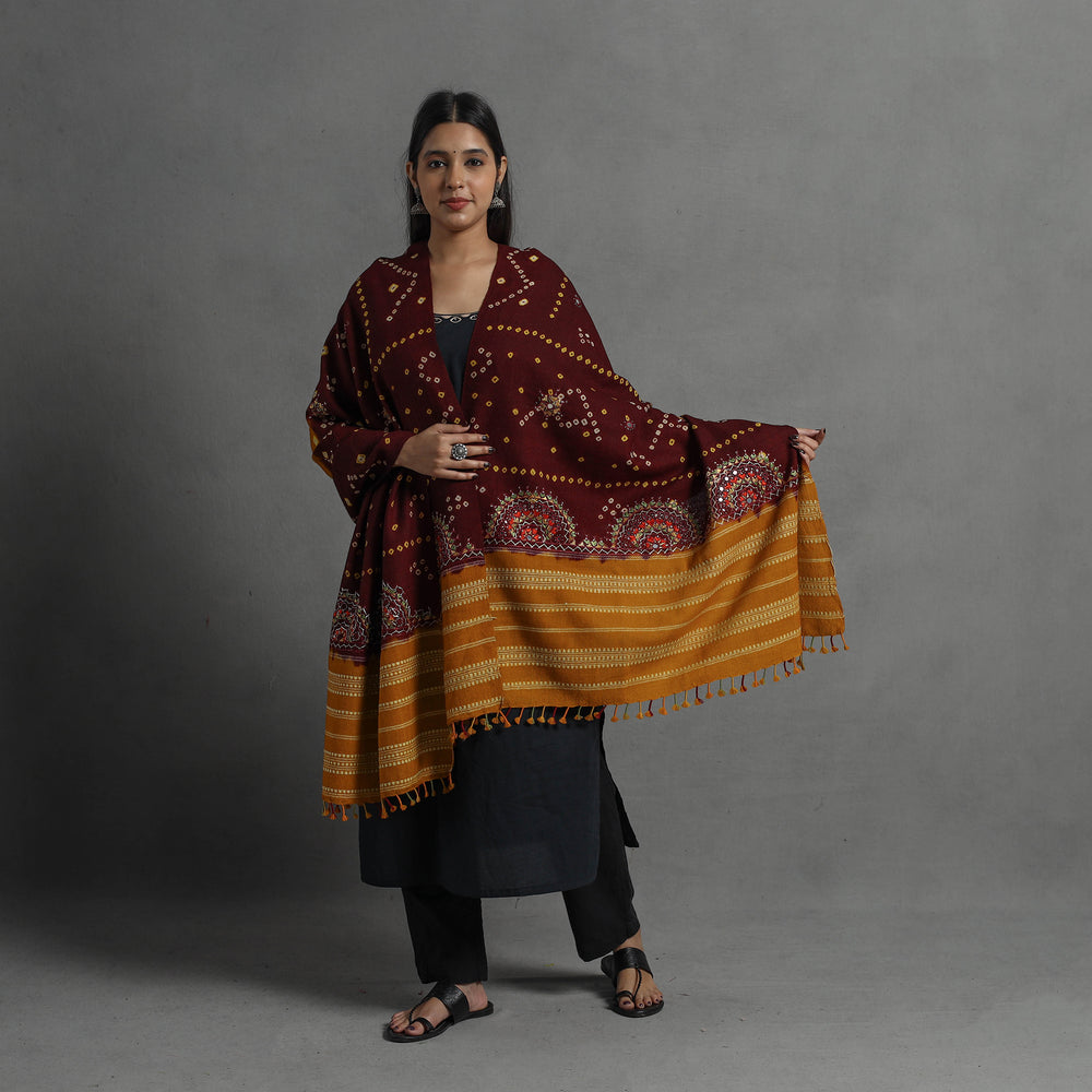 Maroon - Handwoven Merino Wool Bandhani Shawl w/ Neran Embroidery 39