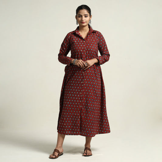 Maroon - Ajrakh Hand Block Printed Cotton Dress
