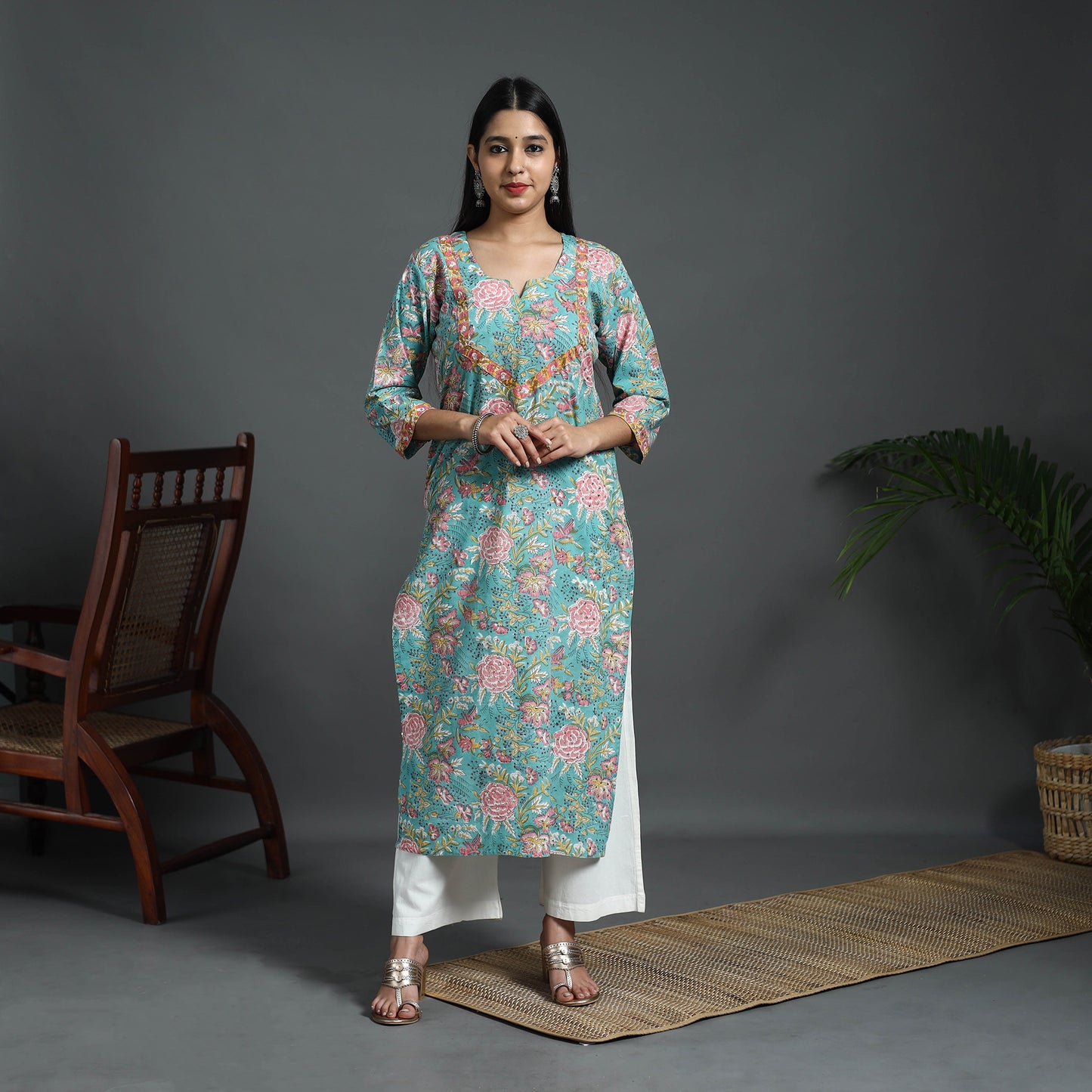 Blue - Sequins Work Cotton Straight Sanganeri Print Kurta 07