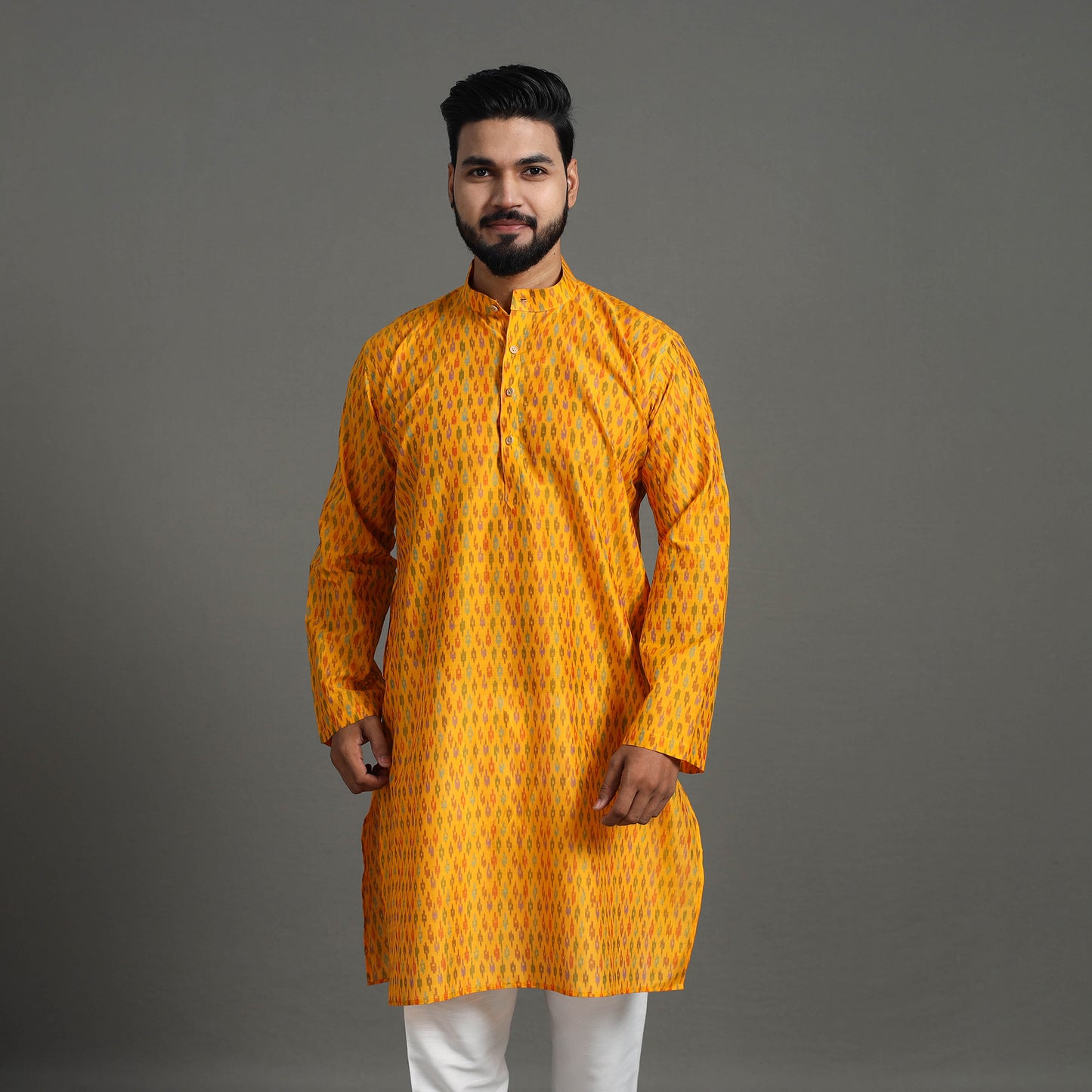 Yellow - Silk Cotton Handwoven Pochampally Ikat Kurta for Men 09