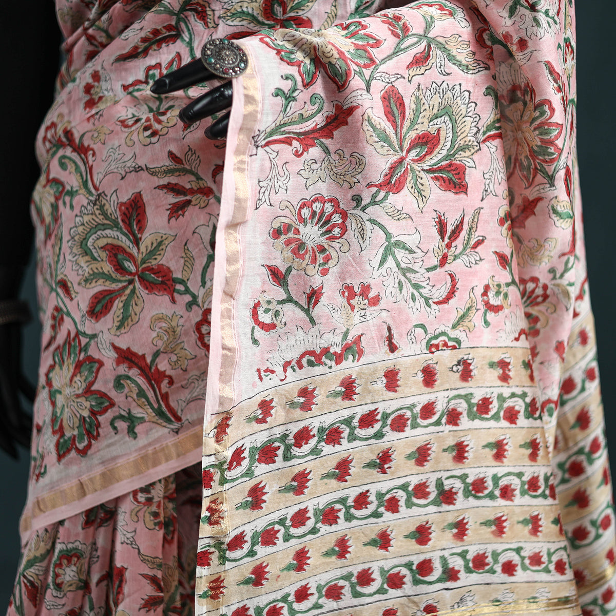 Floral Hand Block Print Mulberry Silk Sanganeri Saree 10