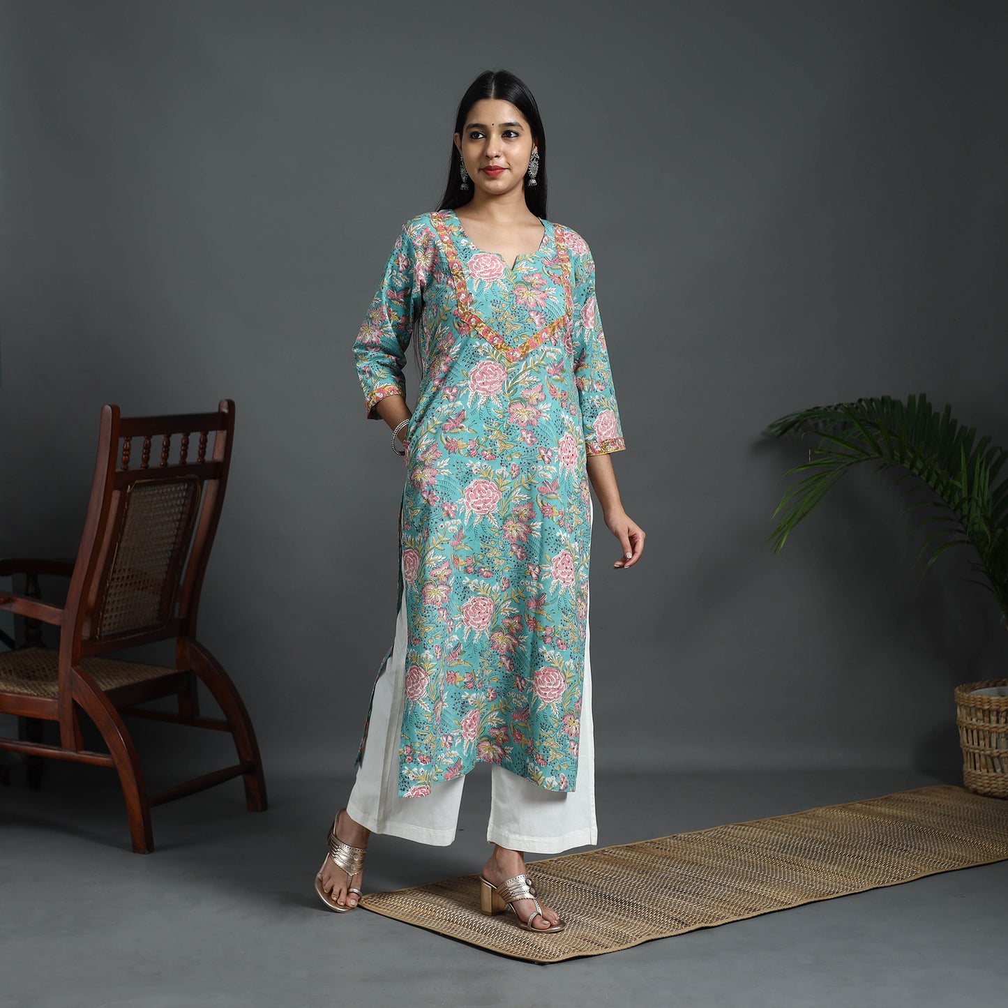 Blue - Sequins Work Cotton Straight Sanganeri Print Kurta 07