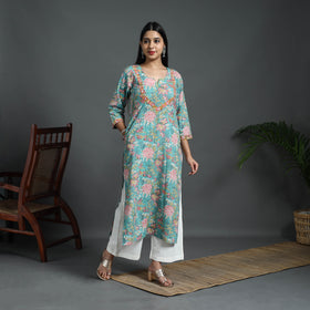 Blue - Sequins Work Cotton Straight Sanganeri Print Kurta 07