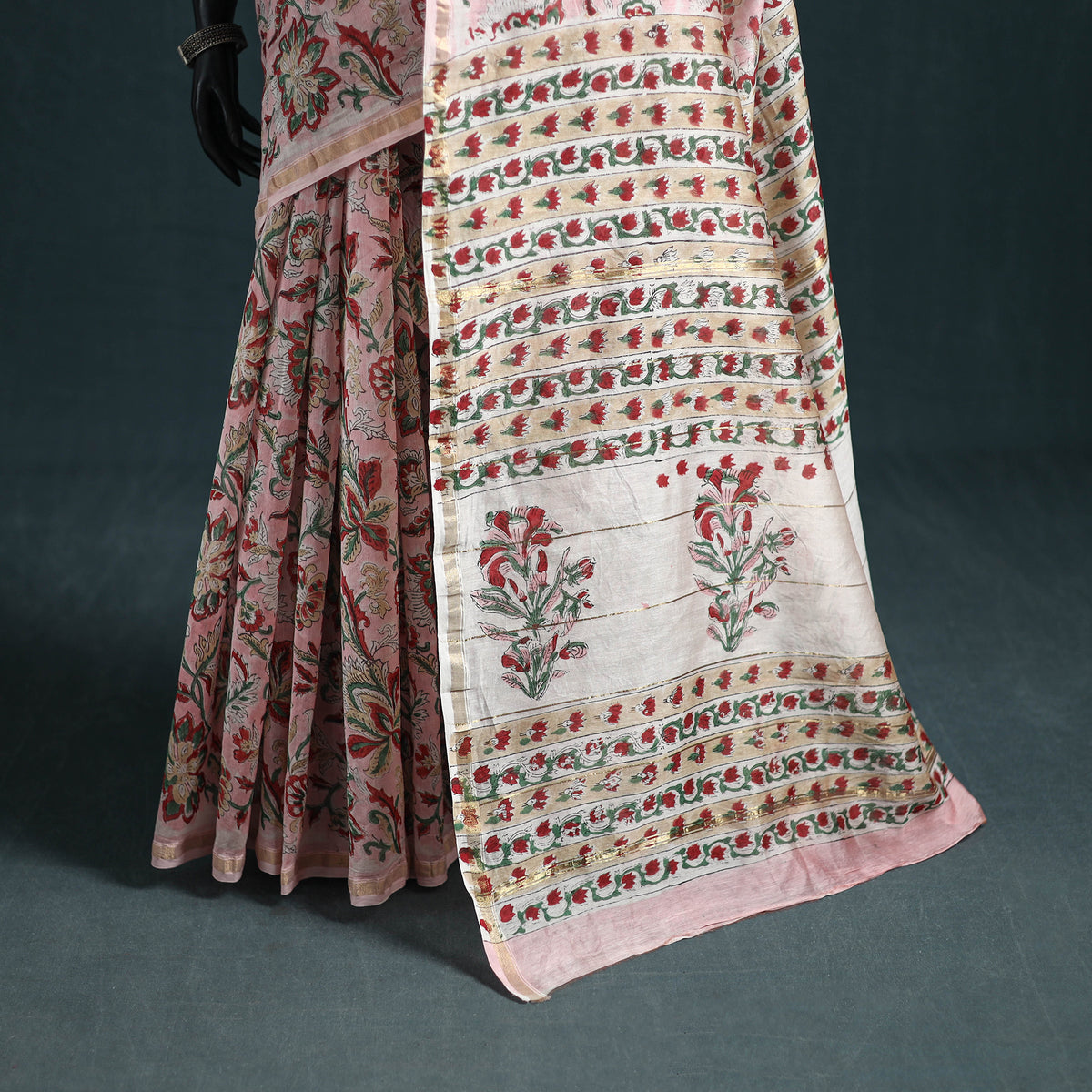 Floral Hand Block Print Mulberry Silk Sanganeri Saree 10