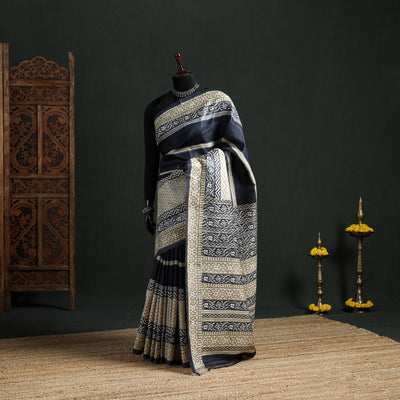 Pure Handloom Tussar Silk Saree in Bengal Hand Block Prints 04