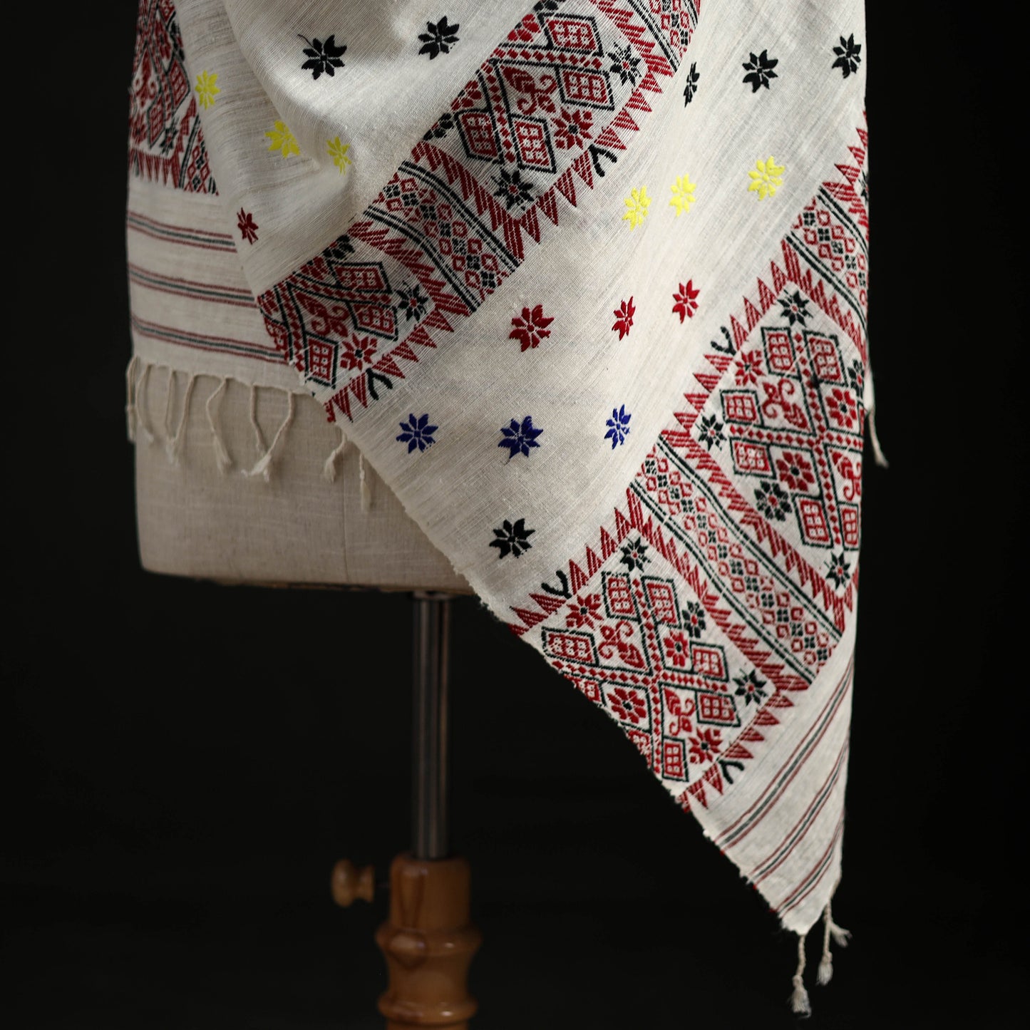 White - Handspun Handwoven Pure Eri Silk Aari Hand Embroidered Shawl of Assam 07