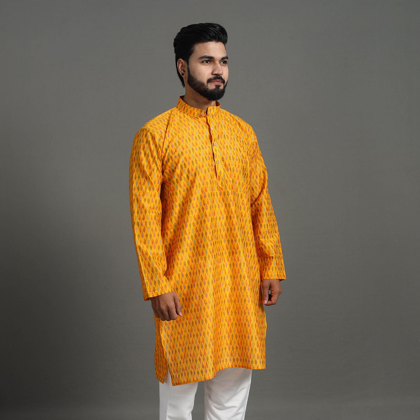 Yellow - Silk Cotton Handwoven Pochampally Ikat Kurta for Men 09