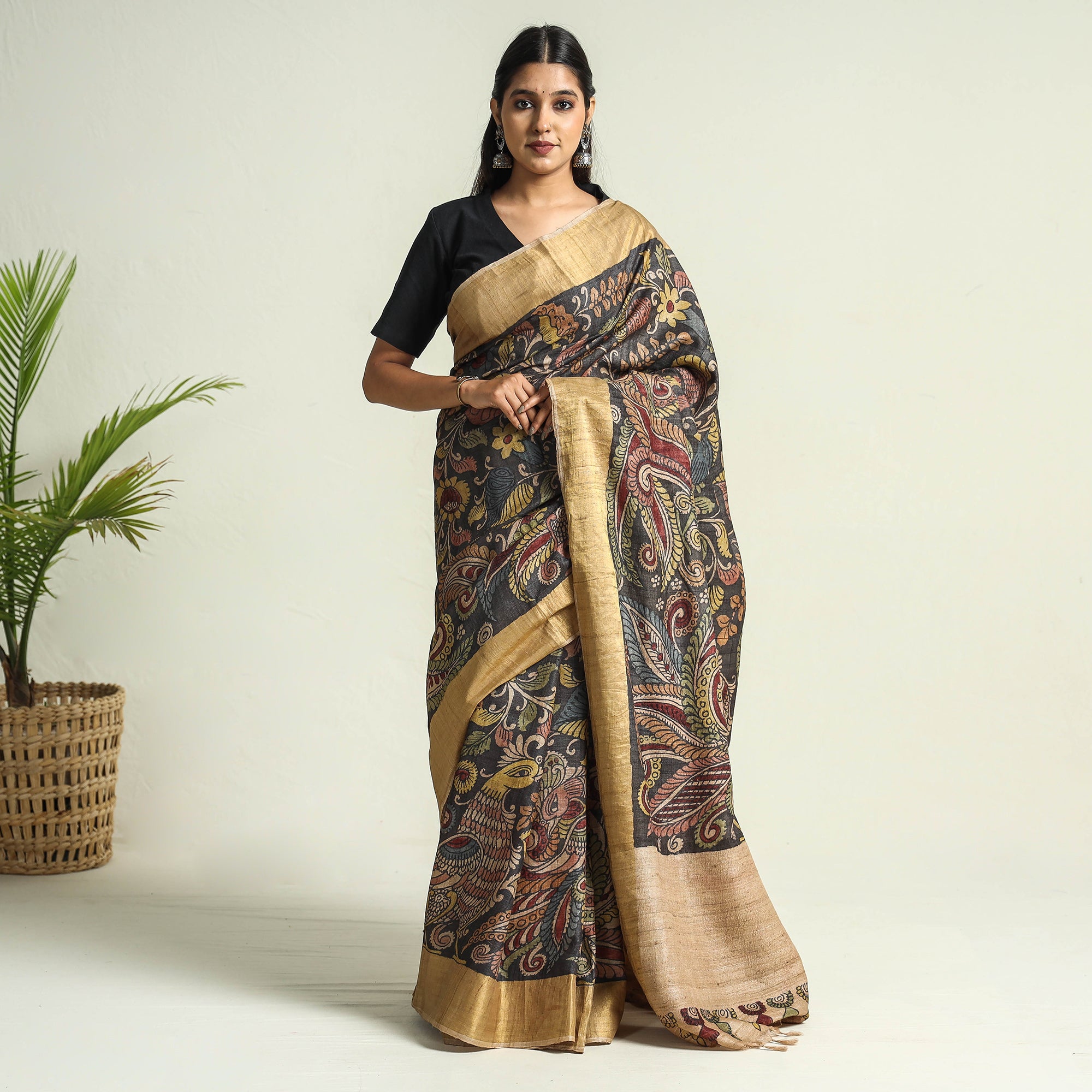 Srikalahasti Pen Kalamkari Tussar Silk Handspun Hand Painted saree –  India1001.com