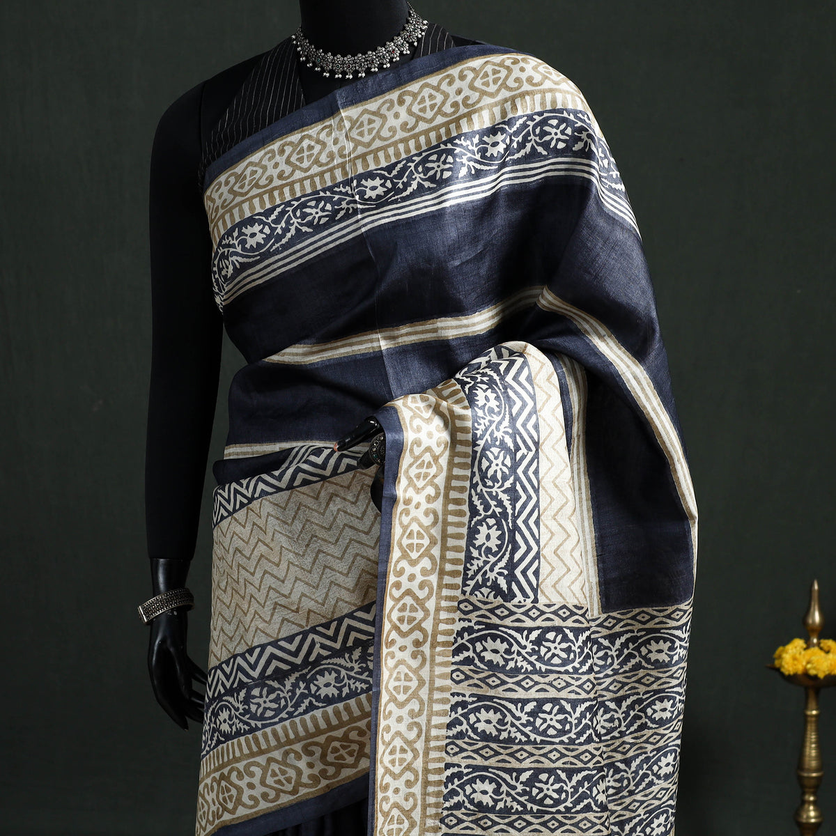 Pure Handloom Tussar Silk Saree in Bengal Hand Block Prints 04
