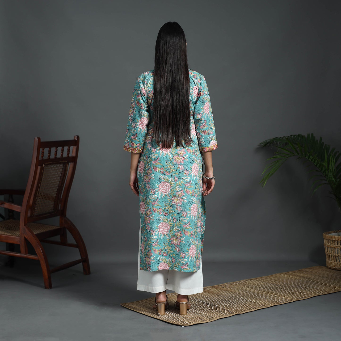 Blue - Sequins Work Cotton Straight Sanganeri Print Kurta 07