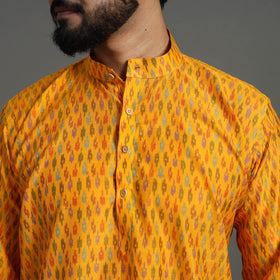 Yelow Silk Cotton Handwoven Pochampally Ikat Kurta for Men