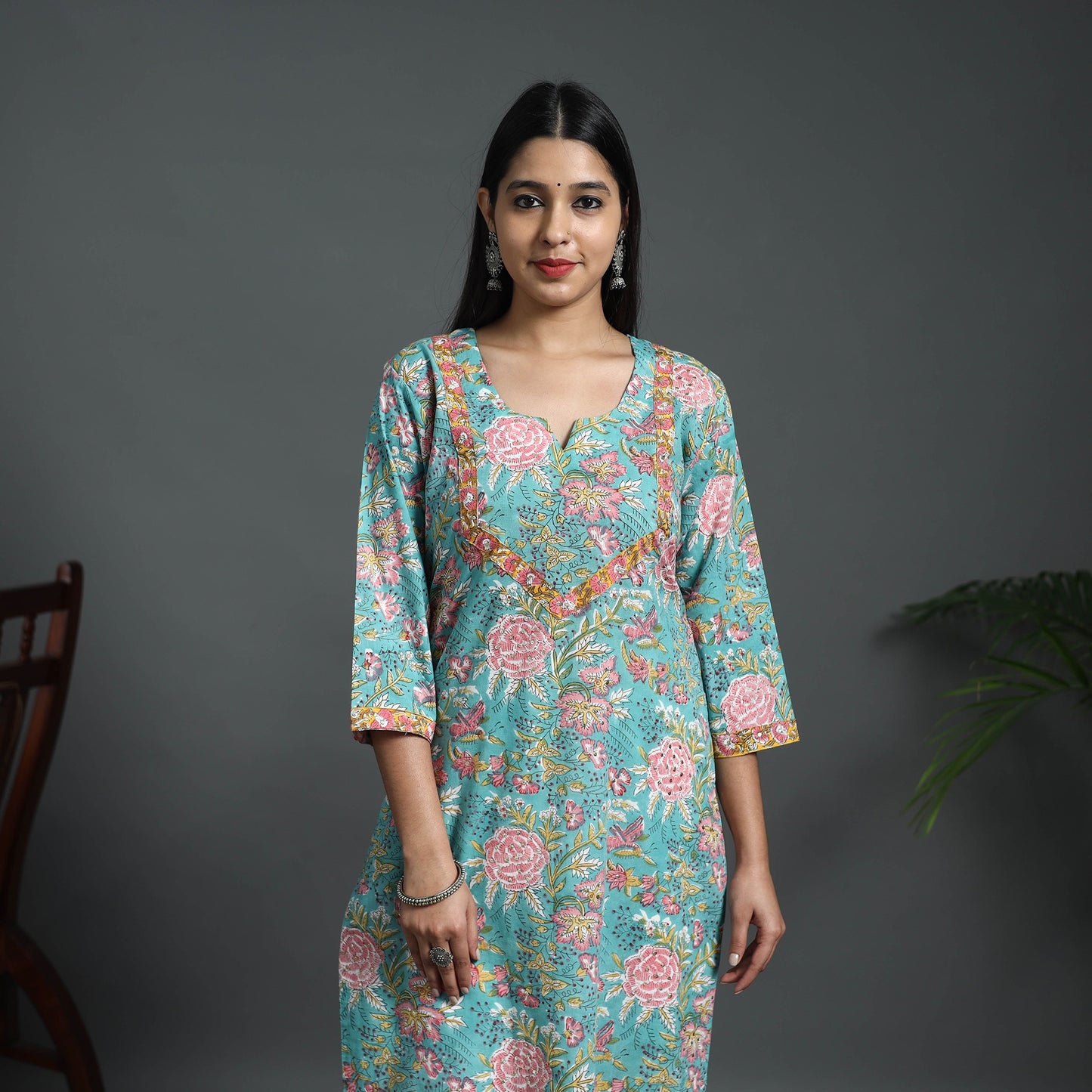 Blue - Sequins Work Cotton Straight Sanganeri Print Kurta 07