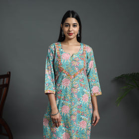 Blue - Sequins Work Cotton Straight Sanganeri Print Kurta 07