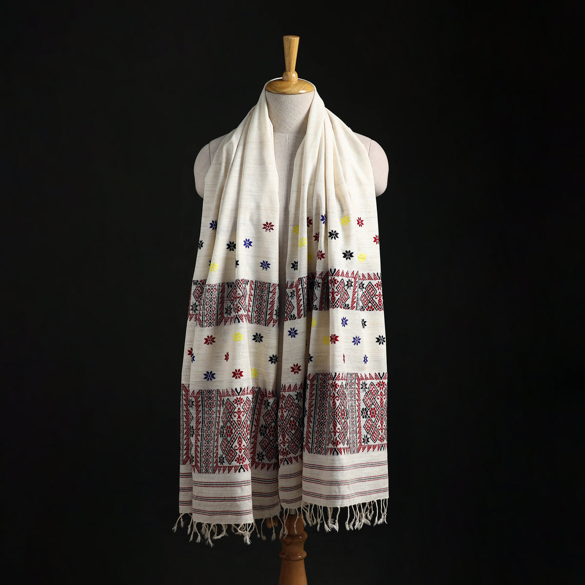 White - Handspun Handwoven Pure Eri Silk Aari Hand Embroidered Shawl of Assam 07