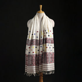 White - Handspun Handwoven Pure Eri Silk Aari Hand Embroidered Shawl of Assam 07