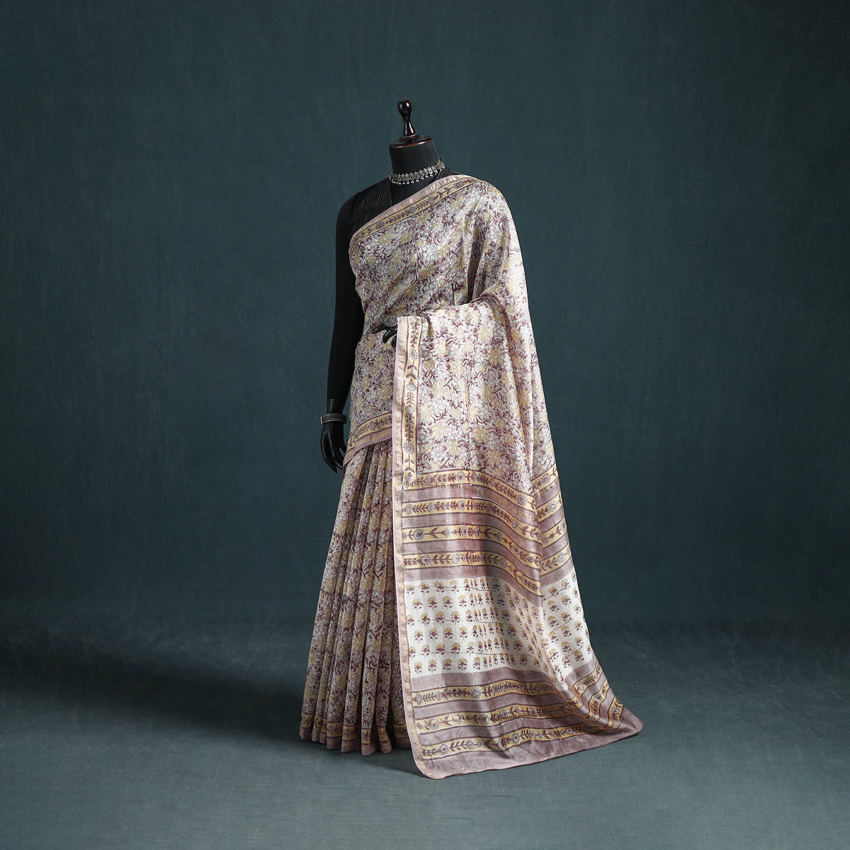 Floral Hand Block Print Mulberry Silk Sanganeri Saree 11