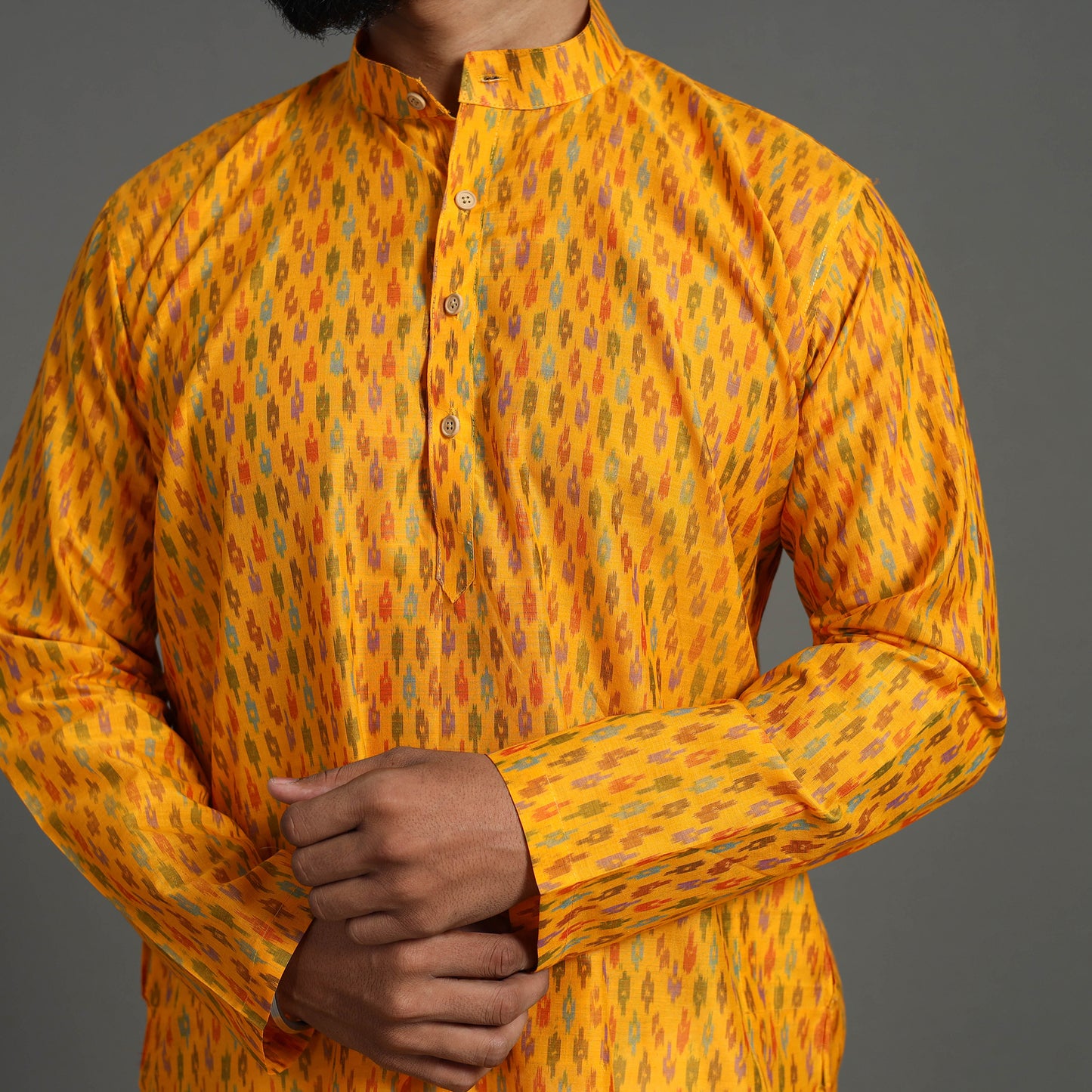 Yellow - Silk Cotton Handwoven Pochampally Ikat Kurta for Men 09