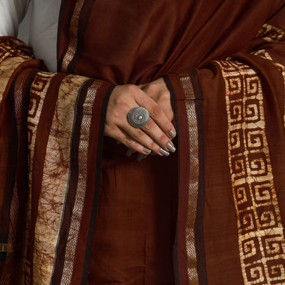 Brown - Hand Batik Printed Silk Cotton Dupatta with Zari Border 60