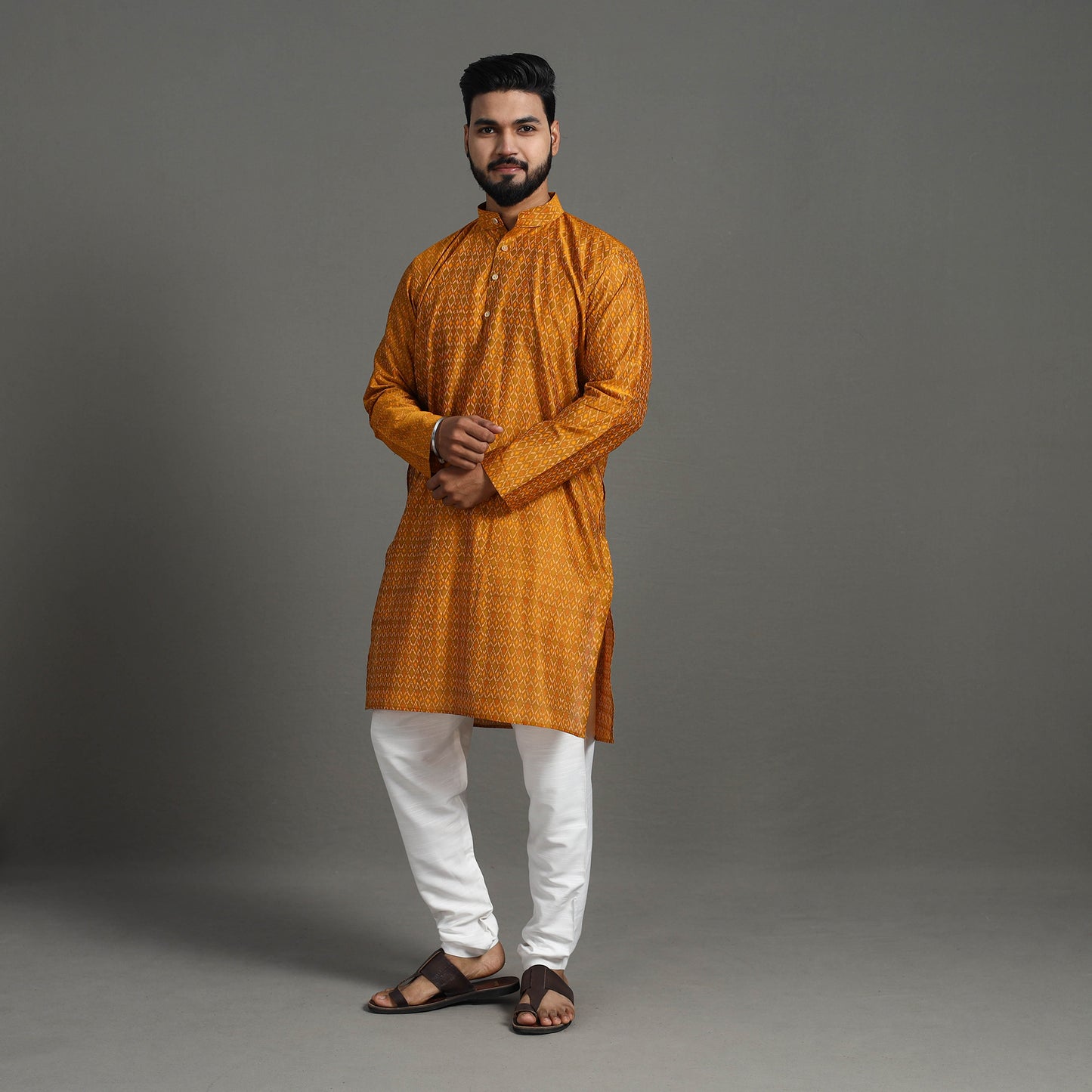 Yellow - Silk Cotton Handwoven Pochampally Ikat Kurta for Men 06