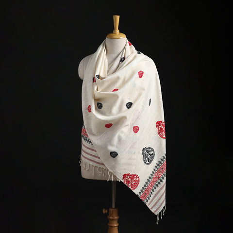 White - Handspun Handwoven Pure Eri Silk Aari Hand Embroidered Shawl of Assam 08