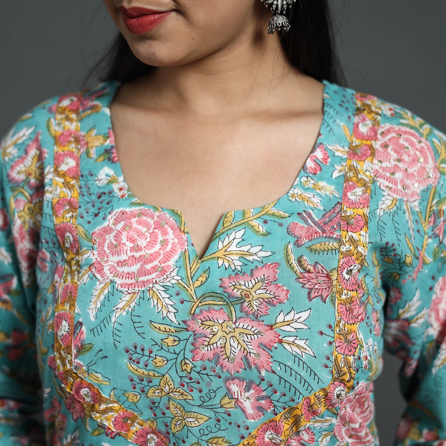 Blue - Sequins Work Cotton Straight Sanganeri Print Kurta 07