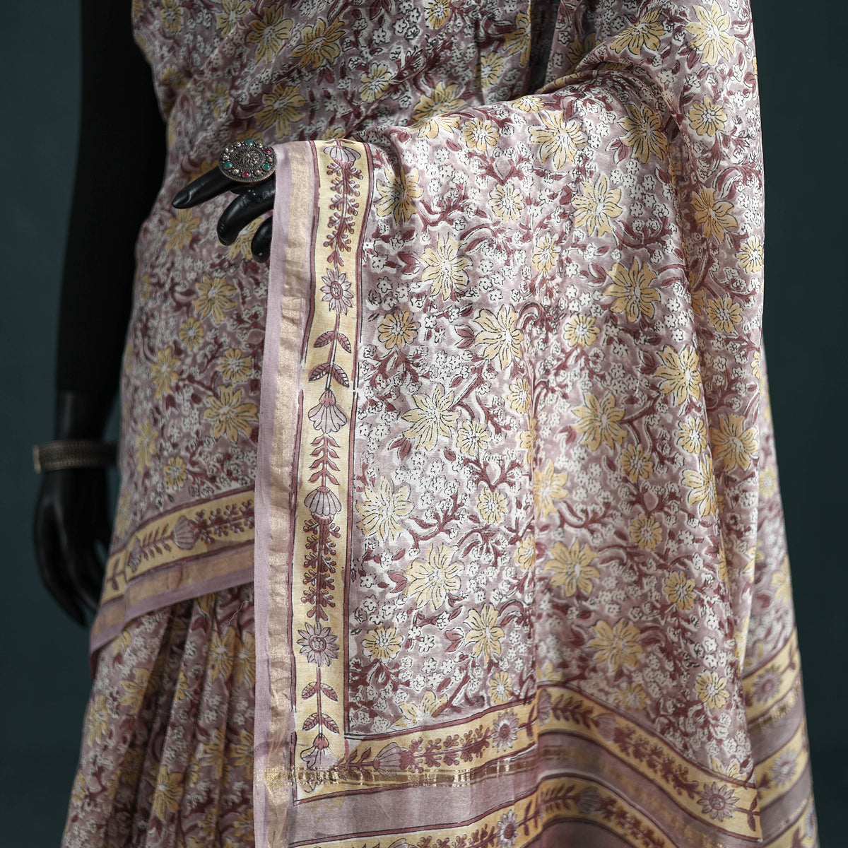 Floral Hand Block Print Mulberry Silk Sanganeri Saree 11